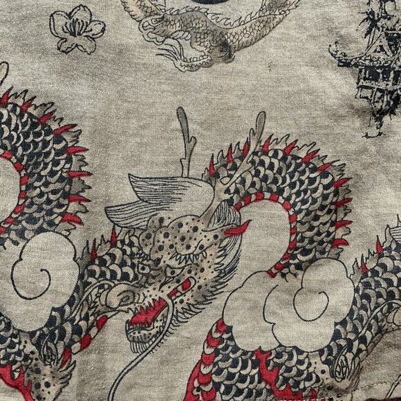 Vintage 90s Citron Santa Monica Linen Tunic Dragon Print Beige Red Asian Top - Picture 8 of 11
